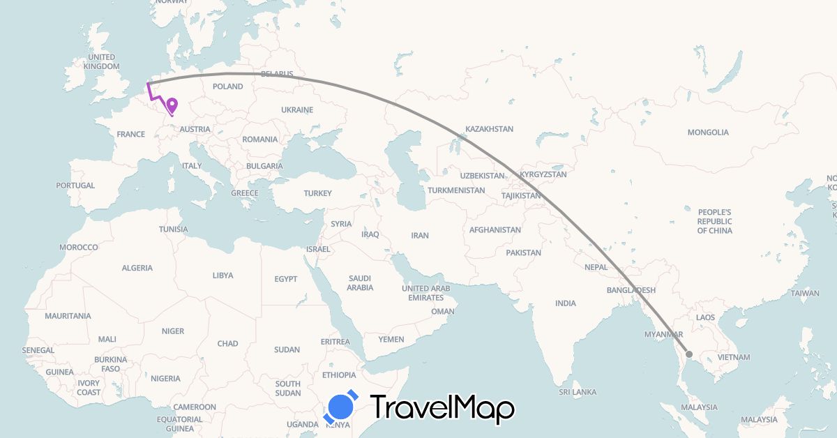 TravelMap itinerary: driving, plane, train in Belgium, Germany, Netherlands, Thailand (Asia, Europe)